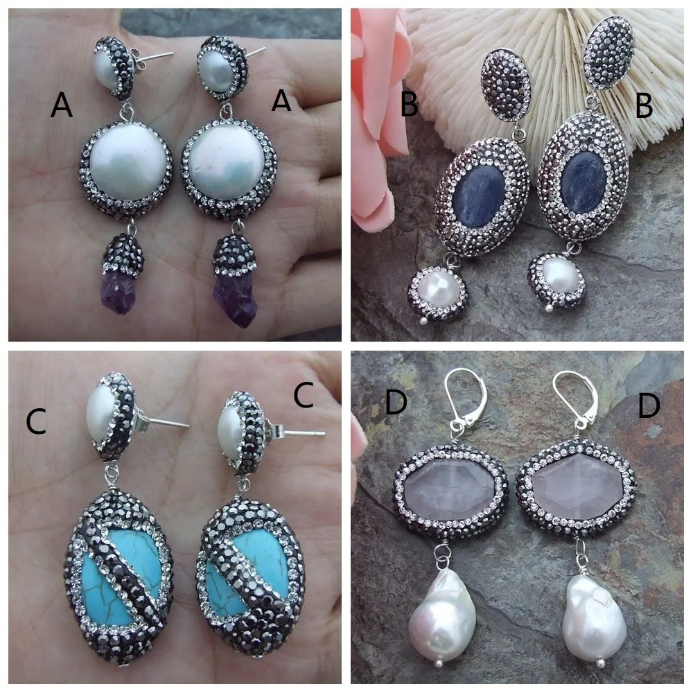 

Pearl Gems Stone Rose Crystal Earrings Trimmed with Marcasite