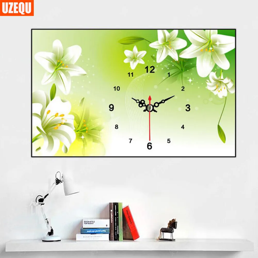 

UzeQu Full Diamond Embroidery Wall Clock DIY Diamond Painting Cross Stitch Lily Flower Mosaic Painting Rhinestones Home Decor