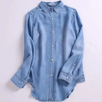 

Denim Shirt Blue women Blouse Plus Size Women Tops Loose Casual Summer Long Shirts