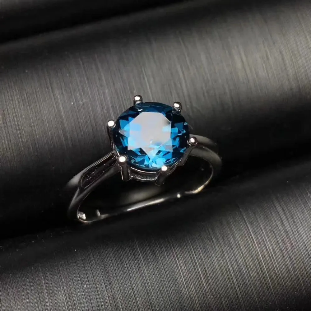 Модный простой круглой Природные Лондон Голубой топаз драгоценный камень кольцо натуральный драгоценный камень кольцо 925 пробы серебряные женские вечерние изысканные серебряные кольца ювелирные изделия