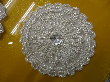 

Free shipping wholesale circle shape beaded iron on rhinestone crystal bridal applique patch for wedding dress