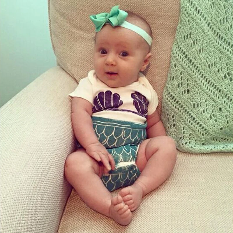 

2016 New Summer Baby Girls Mermaid Print Bodysuit New Casual Infant Baby Short Sleeved Cotton Bodysuit