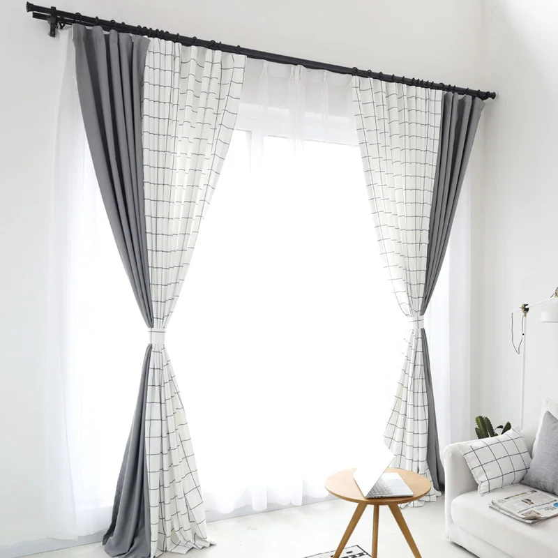

European Plaid Window Curtain for Living Room White Grey Splicing Modern Curtain 75-85% Shading Blackout Curtain for Bedroom