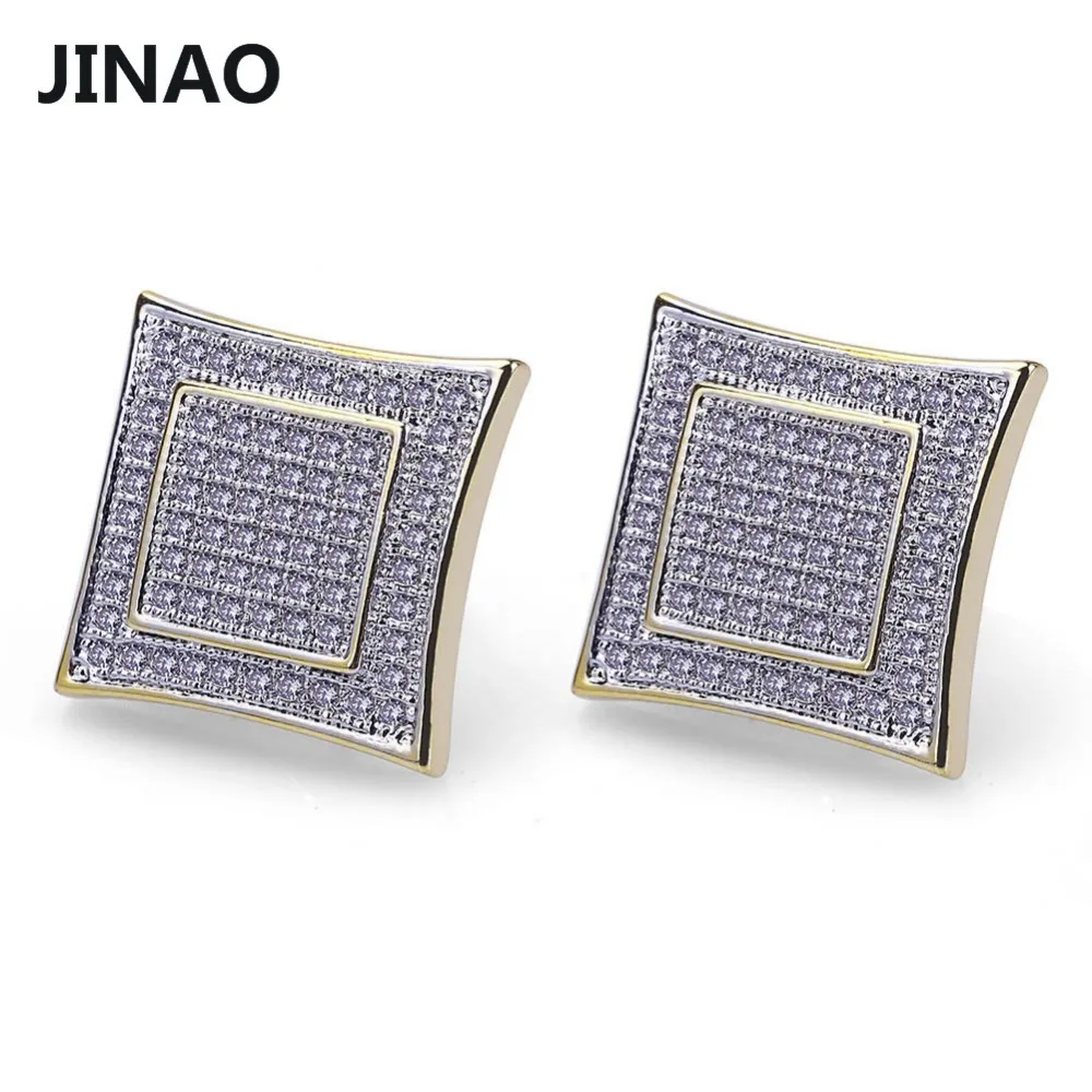 

JINAO Hip Hop Square Earring Gold n Silver Color Plated Micro Pave Cubic Zircon Stones Lab D Stud Earrings With Screw Back, Gift