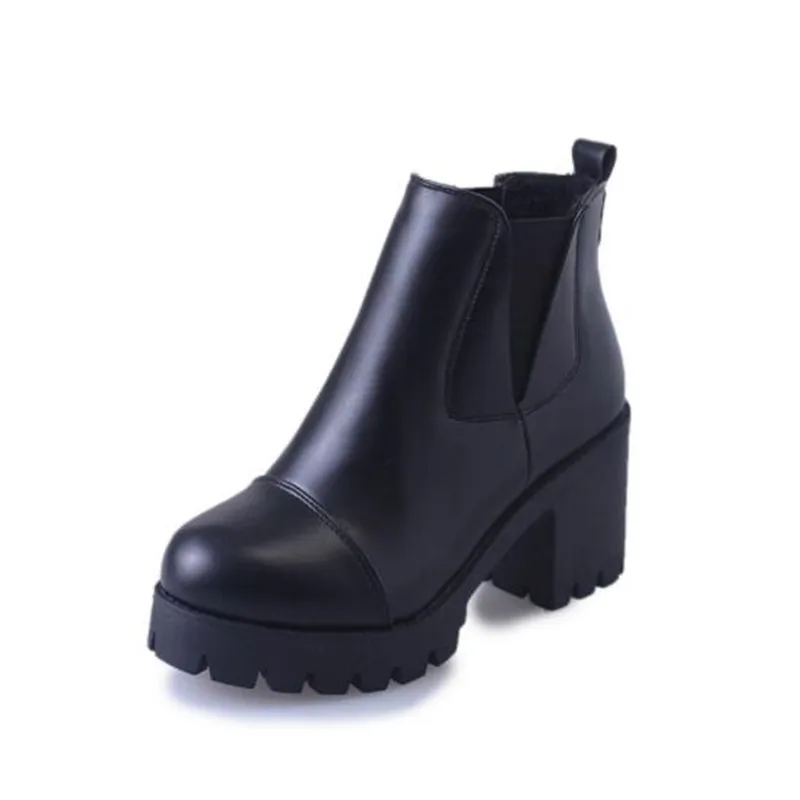 

Autumn Winter New Martin Boots Female Black Round Head Thick With Shoe Wild High Heel Booties Women 2018 Platform PU Ankle Boots