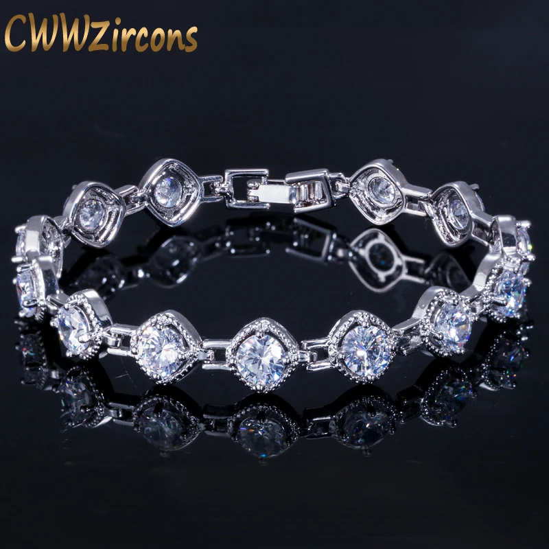 CWWZircons Elegant Tennis Link Chain White Gold Color Shiny Sqaure Cubic Zirconia Bracelets for Female Hiphop Jewelry CB076
