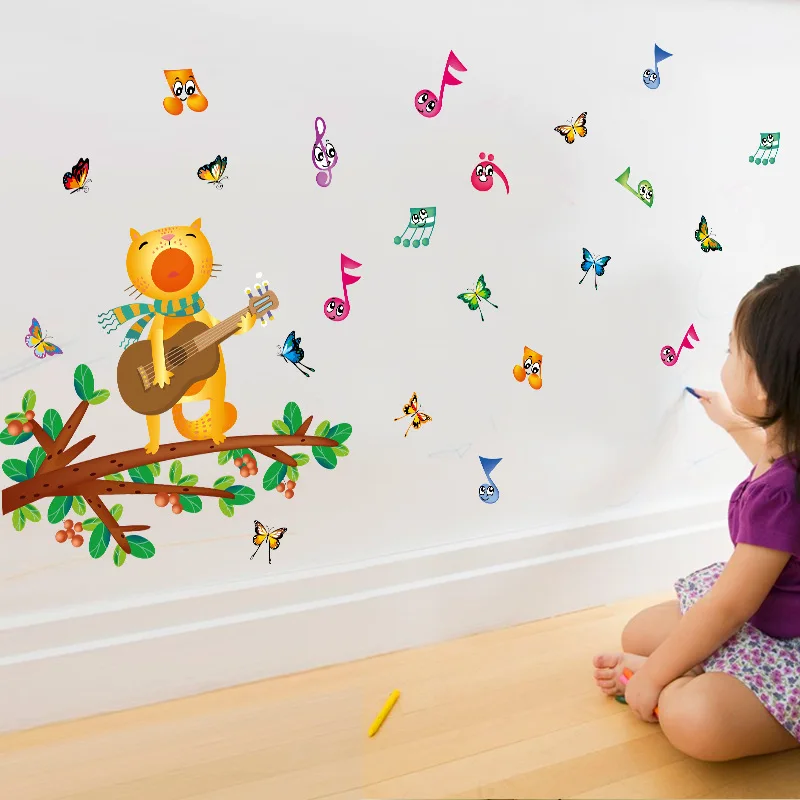 

Diy Cartoon Cat singing Wall Stickers for Kids Room Guitar Colorful Musical Notes Butterfly Home Decor Nursery Pvc Wall Decal