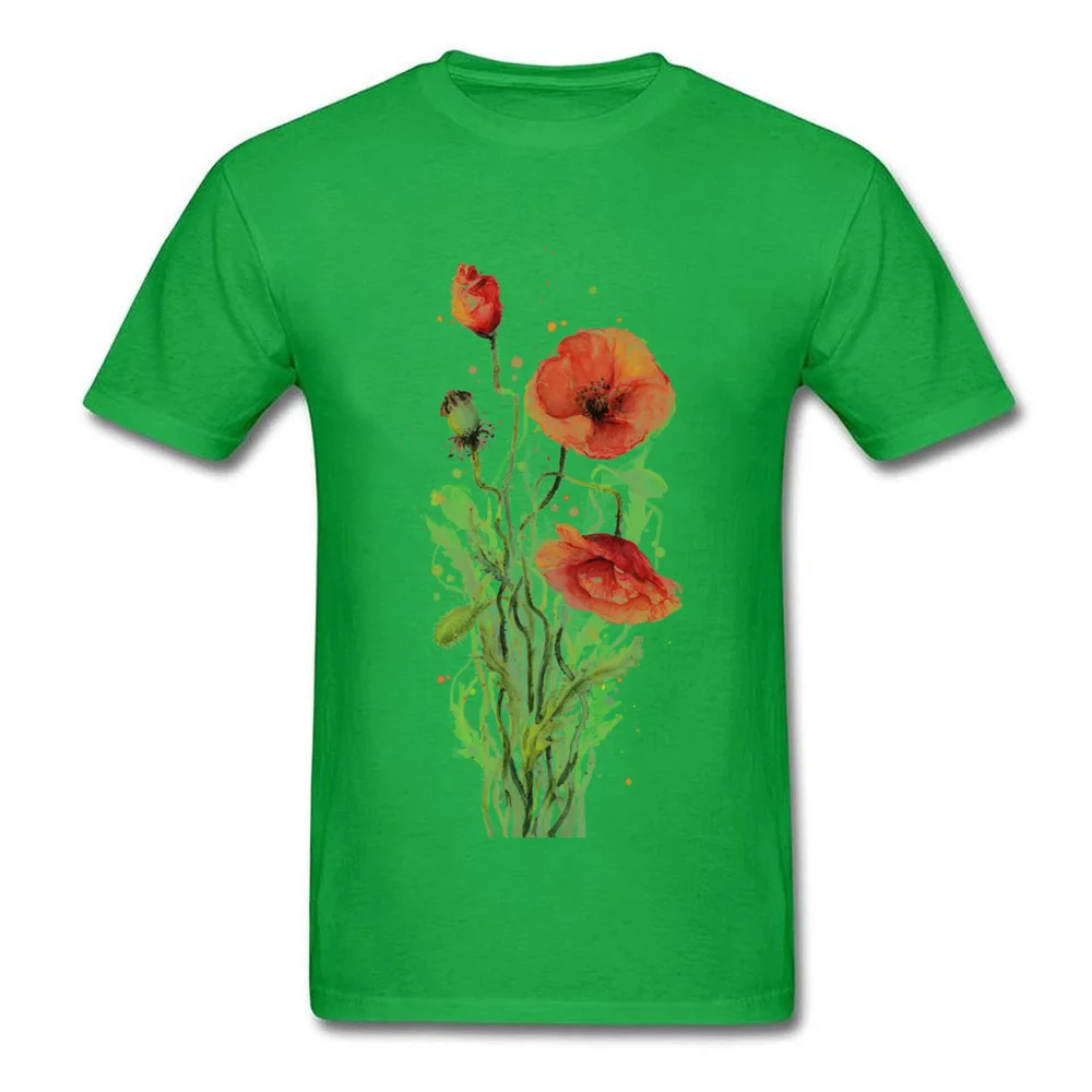 100% Cotton Young Short Sleeve Red Poppies Watercolor T-Shirt Summer Tops Shirt Plain Crazy Crew Neck Tee-Shirts Red Poppies Watercolor green