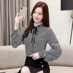 Houndstooth Shirt Для женщин длинный рукав Шифоновая Блузка Стенд Воротник модные блузки с рюшами свободная Клетчатая блуза с бантом женские