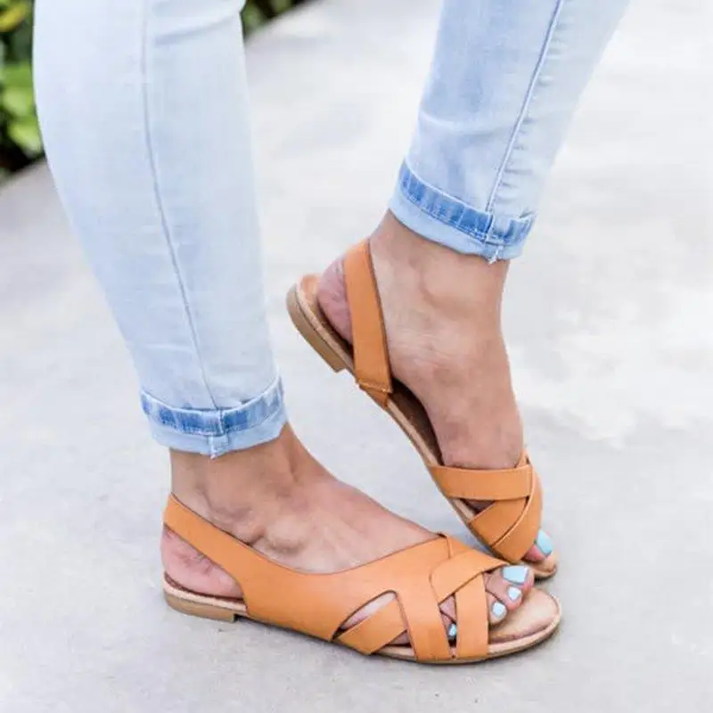 

Puimentiua Summer New Shoes Woman Open toe Sandals Low Heel Fashion Cross Tied Flat Women Sandals Beach Shoes Plus Size 34-43