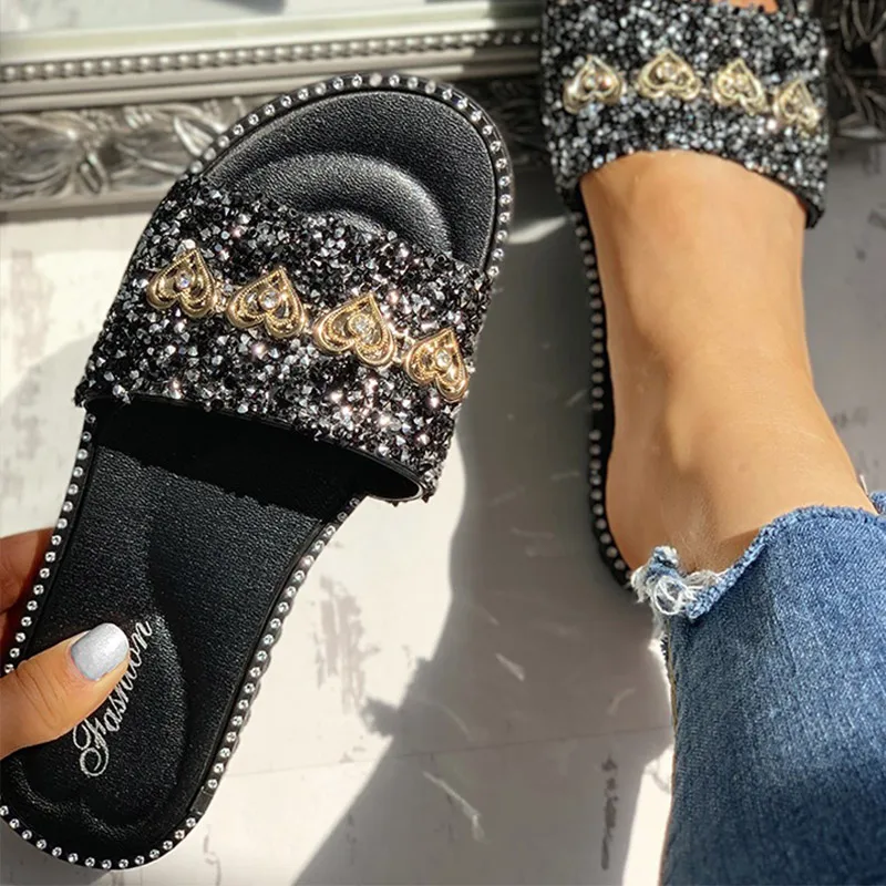 

Summer Women Crystal Slippers Bling Flip Flops Floral Non-Slip Slides Sweet Girl Fashion Beach Sanddals Woman Footwear Shoes