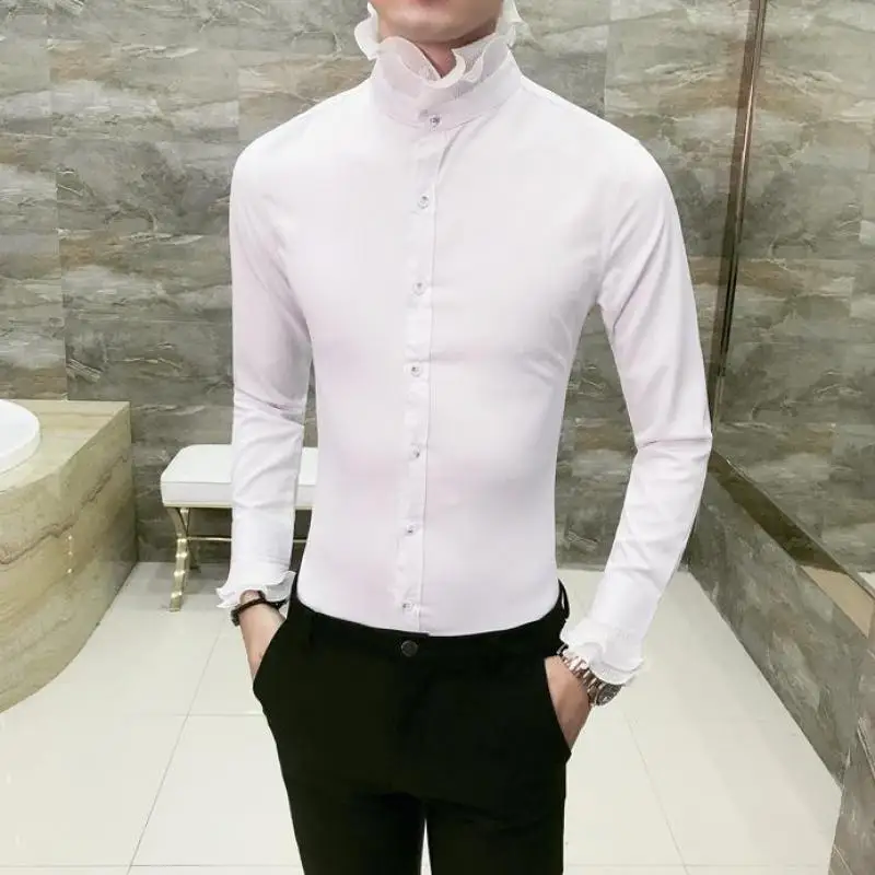 Trend Of Personality Mens Shirts Solid Color Lace Collar Shirts Single ...