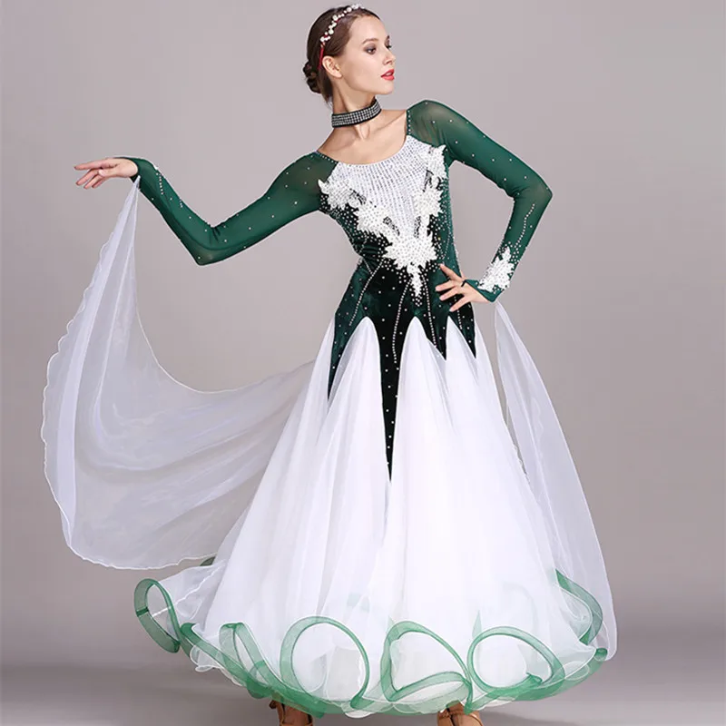 Velvet Stitching Applique Ballroom Dance Competition Dress Modern Dance Costume Waltz Dress Luminous Costumes