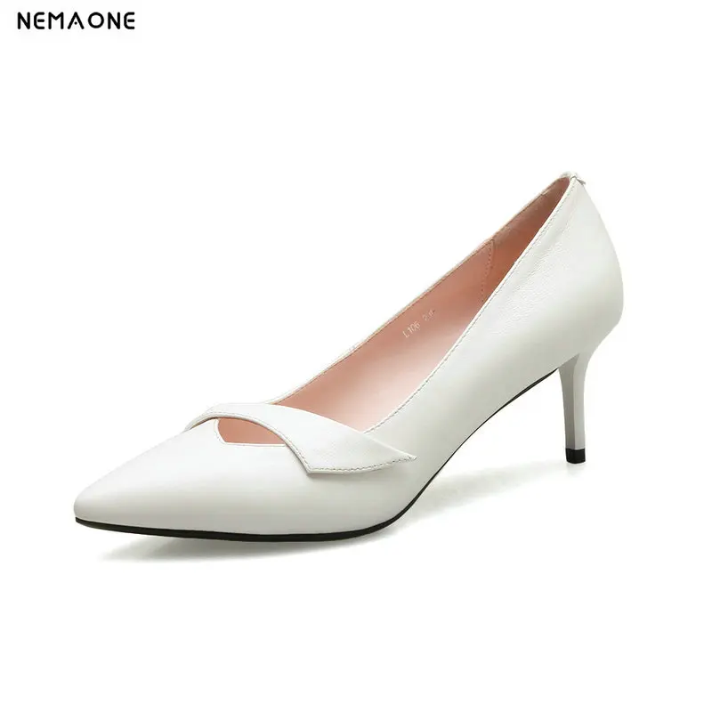 

NEMAONE Genuine Leather women Pump Black white Pointed Toe summer dress shoes High Shallow Party Career Elegant Shoes