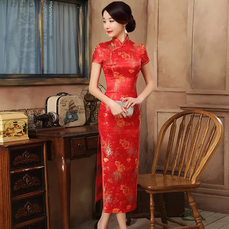 Современные Cheongsam Китайский Красный Сельма район Cheongsam Qipao летние шорты рукавом длинное платье китайский Восточный платья