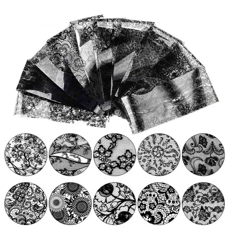 

New Japan Decal 10pcs 3D Transfer Foil Paper Black And White Lace Nail Sticker For Nails Decoration Star Nail Art Decal