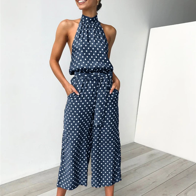 

UZZDSS Off Shoulder Polka Dot Jumpsuit Women Sleeveless Packets Summer Beach Sexy Rompers Women Jumpsuit Overalls