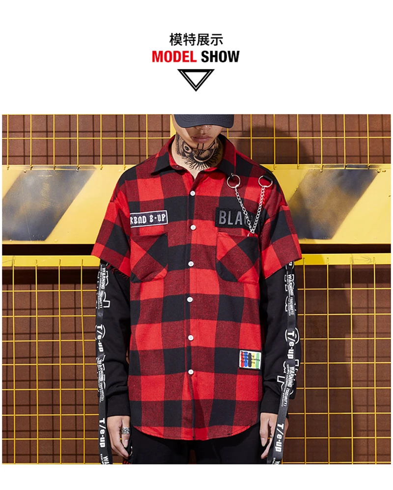 Red And Black Plaid Patchwork Shirt Men  (1)