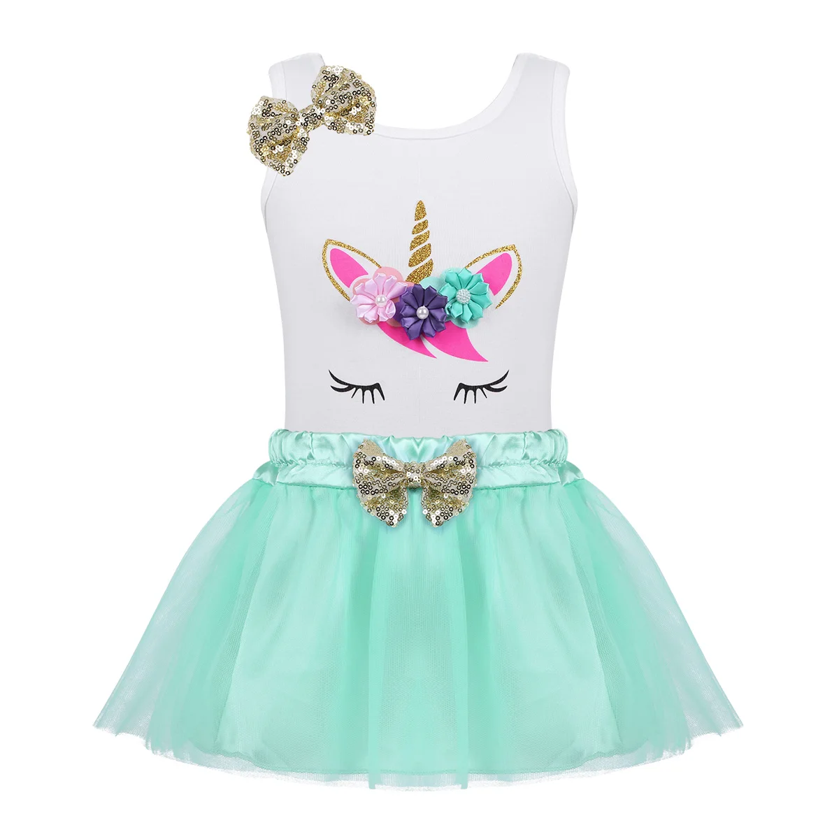 Mint Green Детская одежда для дня рождения с рисунком из мультфильма для маленьких девочек топ с блестками и бантом и фатиновой юбкой, костюм с юбкой, праздничный комплект - Цвет: Mint Green