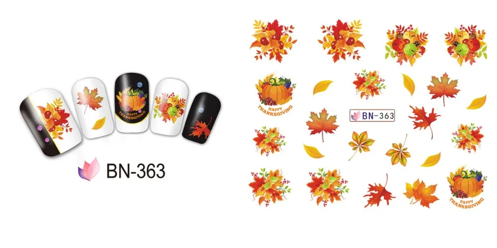 UPRETTEGO 12 упаковок/УП. Переводная наклейка для ногтей с изображением Красного листа кленового дерева медведя Осенняя BN361-372