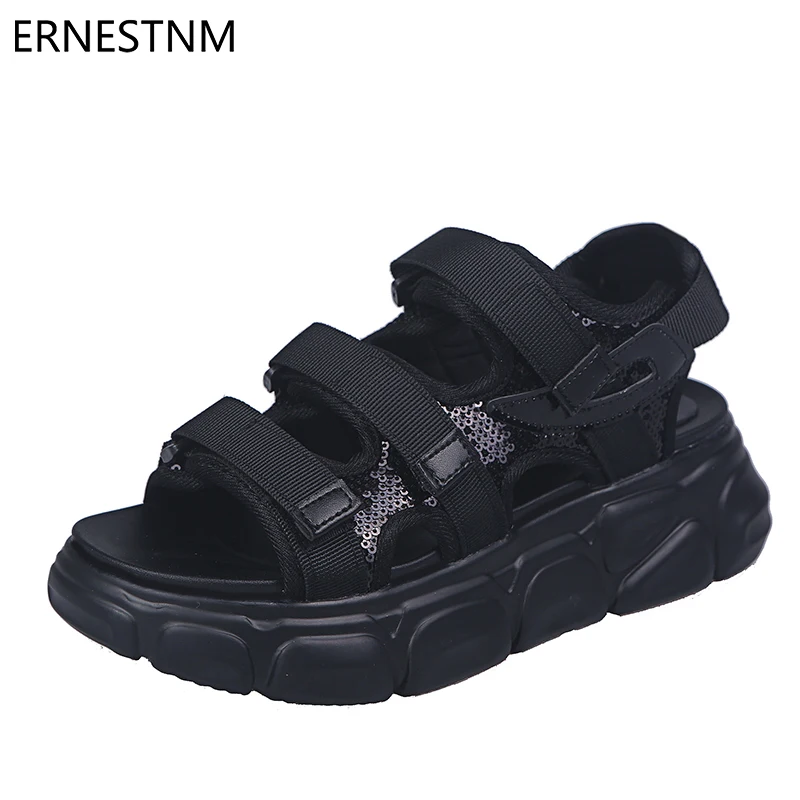 

ERNESTNM Women Sandals 2019 Summer Black Chunky Sandals Wedges Sequined Cloth Bling Plarform High Heels New Sandalias Mujer
