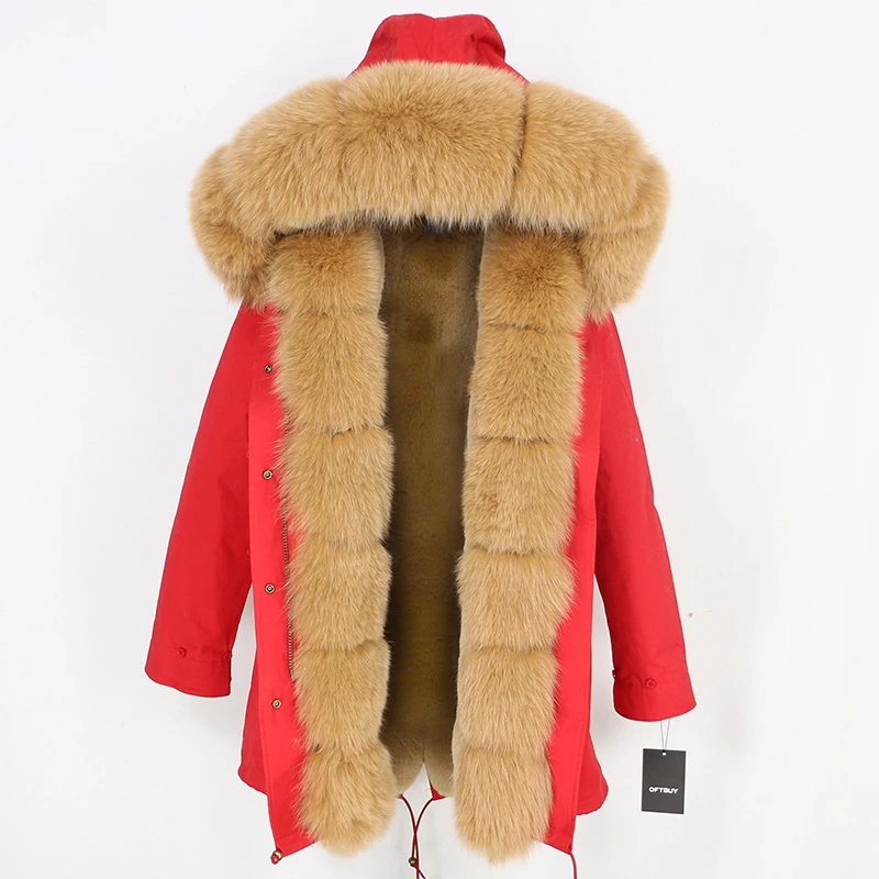 red camel Зимняя женская куртка на каждый день шуба из натурального Лисьего меха длинная парка с капюшоном из натурального Лисьего меха брендовая парка Толстая теплая уличная одежда со съемным капюшоном - Цвет: red camel
