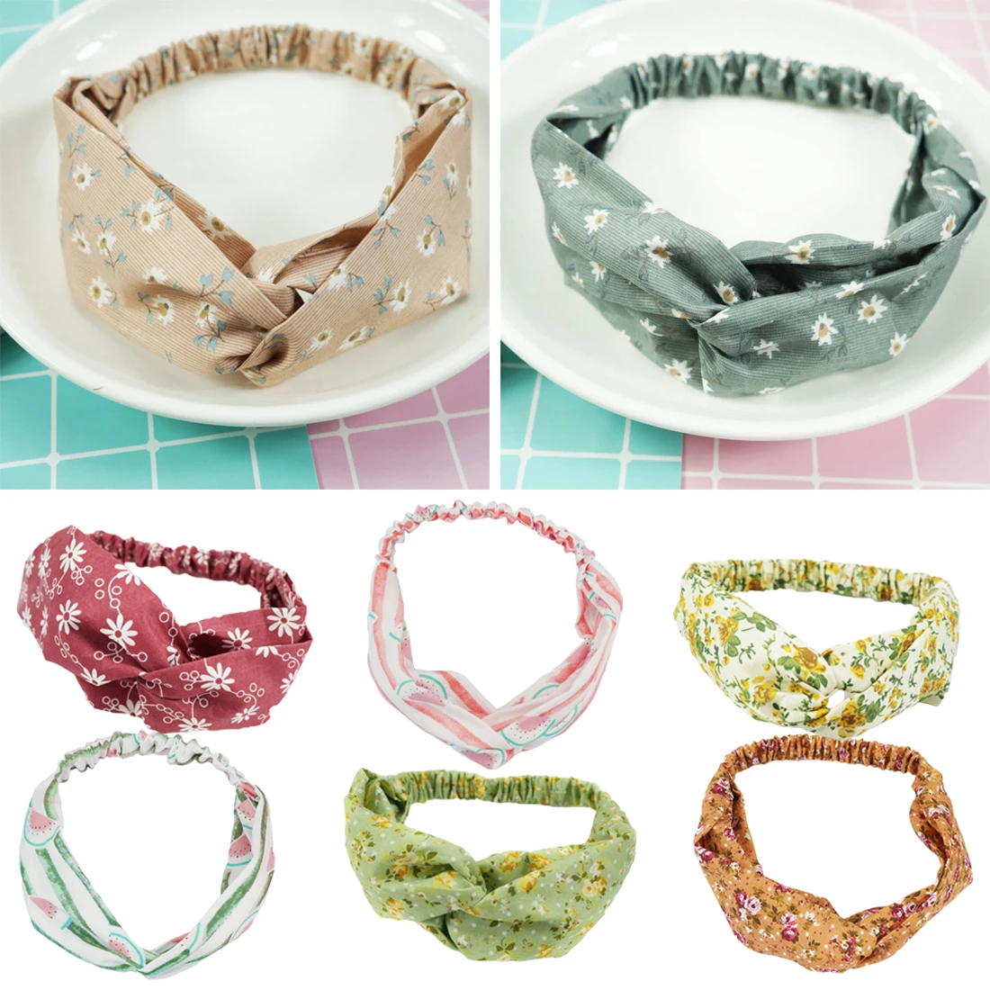 Headband Elastic Grid Hairband Stretch Bows Hair Decoration for Mother and Baby