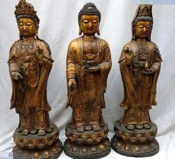 

20" China bronze gild sculpture Three Western Saints Shakyamuni Kwan-yin Statue