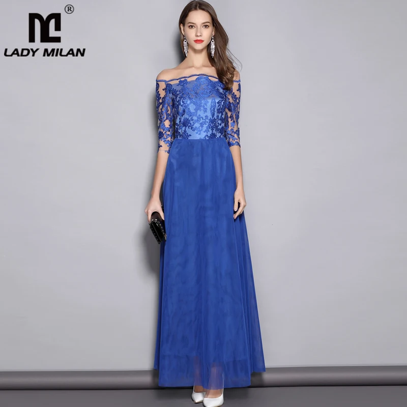 

2019 Women's Slash Neckline 3/4 Sleeves Embroidery Lace Patchwork Party Prom Elegant Long Designer Runway Dresses