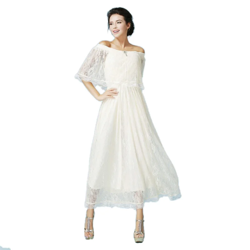 2017 women apricot elegant long lace dress summer elastic waist dress