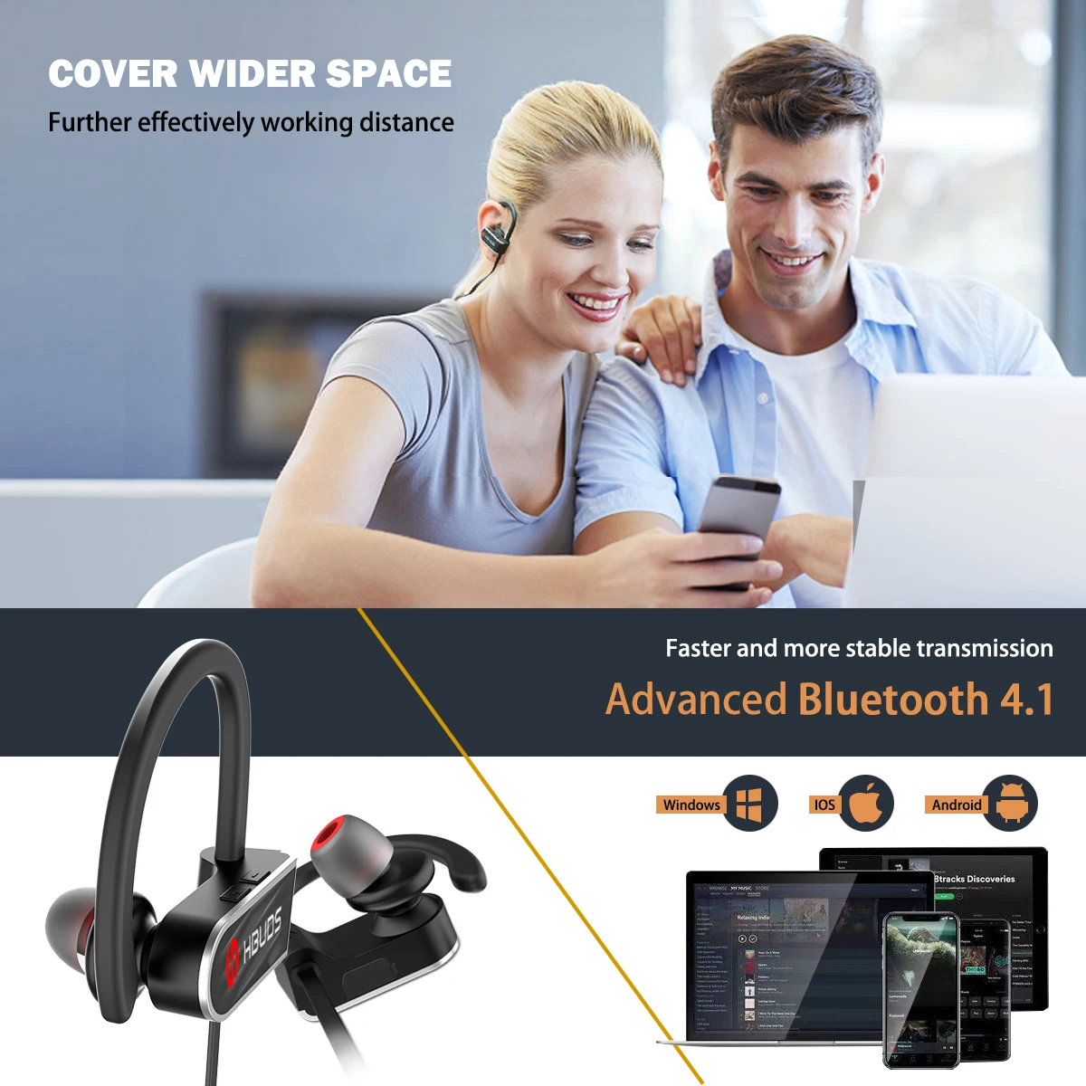 HBUDS Bluetooth наушники IPX7 водонепроницаемая для спорта, бега Беспроводной гарнитура спортивные наушники с микрофоном для iPhone-черный