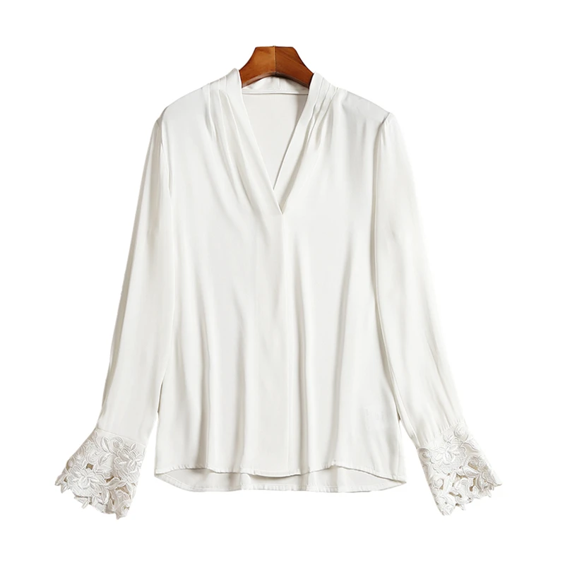 Bureau Top Cou Ivoire Nouvelle 100 Solide Élégante Broderie Manches Blouse Chemise Mode V Soie Femmes Blanche 2019 Conception Longues 6U6zwOqZ