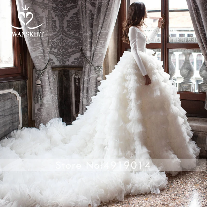 Тюлевое бальное платье с рюшами, свадебное платье, шикарная юбка, винтажное элегантное платье для невесты принцессы с v-образным вырезом, длинный рукав, Robe De Mariage I142