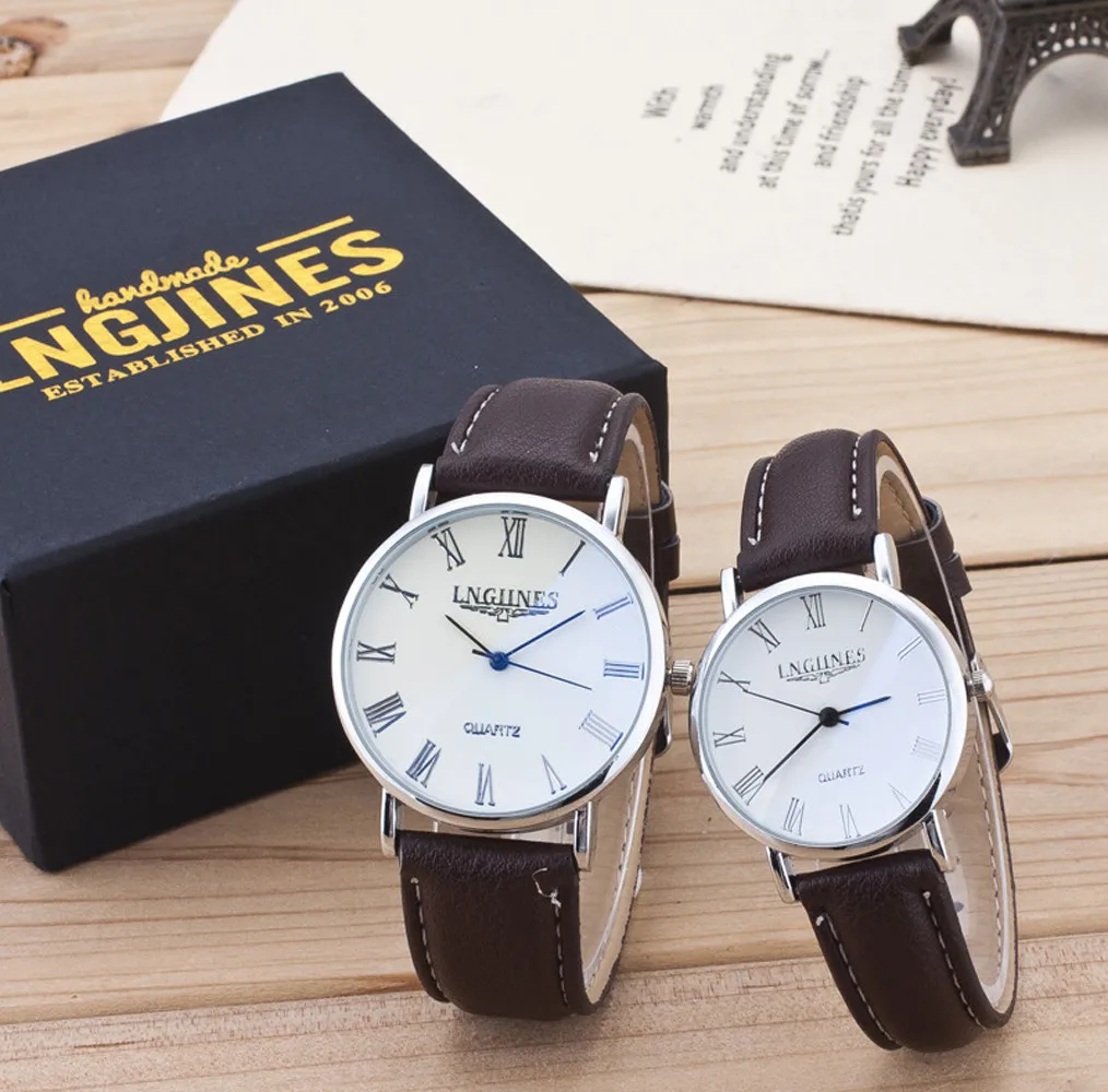 LNGJINES 2pcs парные наручные часы Мода High Gloss стекло кожаный ремень набор содержит коробку пары смотреть мужские и женские часы