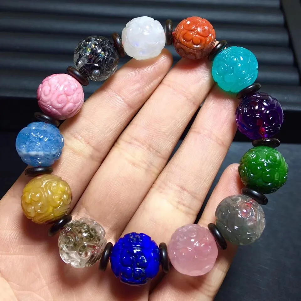 

14.2mm Natural Rainbow Different Mixed Stone Black Rutilated Chalcedony Amazonite Lapis Jasper Carved Beads Bracelet Certificate