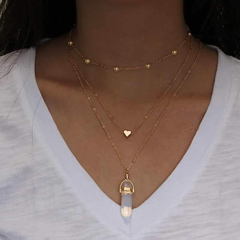 

Fashion 3 Multi Layer Natural Opal Stone Heart Pendant Choker Necklaces Bohemian Bead Crystal Summer Beach Necklace For Women