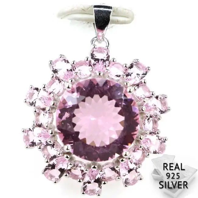 

Guaranteed Real 925 Solid Sterling Silver 4.3g Gorgeous Pink Kunzite White CZ Woman's Present Pendant 30x23mm