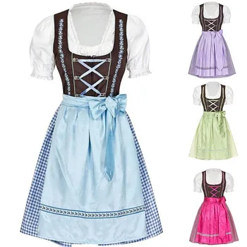

Ladies Oktoberfest Trachten Maid Wench Gretchen Serving Costume German Bavarian Heidi Fancy Lace-Up Belt Dress For Adult Women