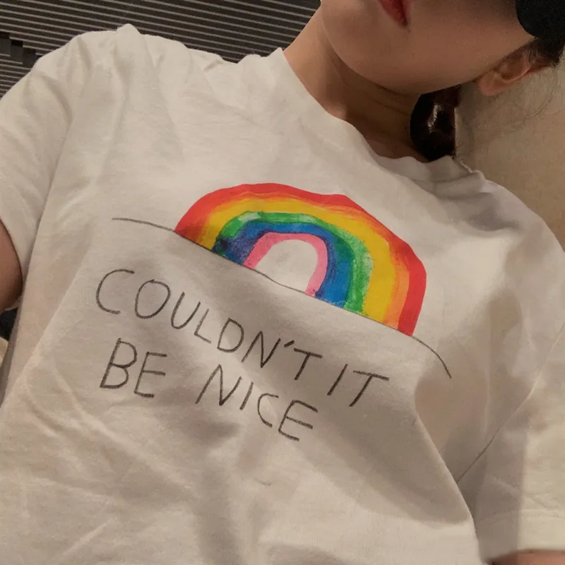 

Song Zuer Star with Rainbow Printing Short-sleeved Pure Cotton Loose 100-lap T-shirt Woman 2019 Spring New Products