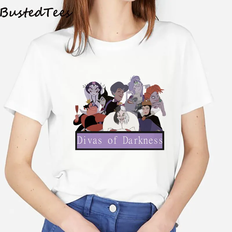 

2019 BUSTED 90s Harajuku Women Naughty Villains Girl Short Sleeve T-shirt Summer Cotton Soft Divas of Darkness Print Casual Tops