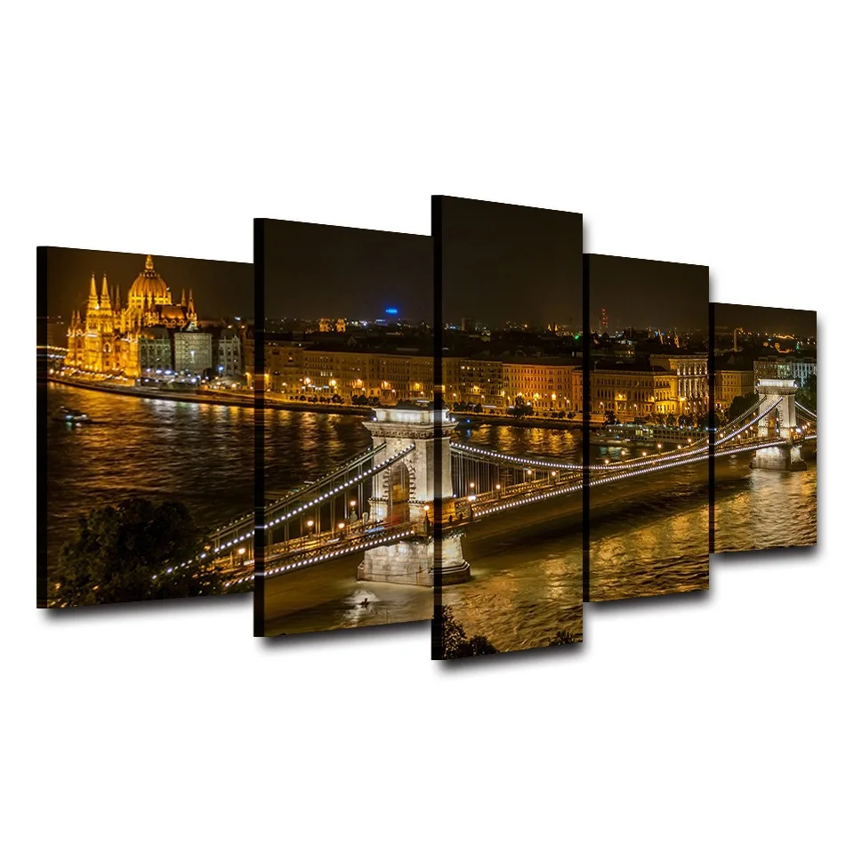 Modular-Vintage-Night-View-Pictures-5-Panel-Hungary-City-Home-Decor-Paintings-On-Canvas-Bridge-Wall (4)