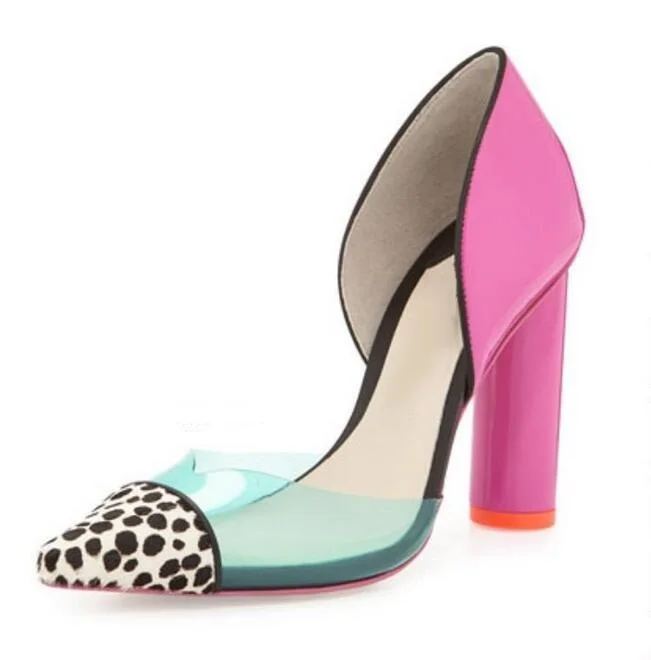 

Gorgeous sweet style pink chunky heel leopard pointed toe pumps nice transparent PVC patchwork thick heel spring dress shoes