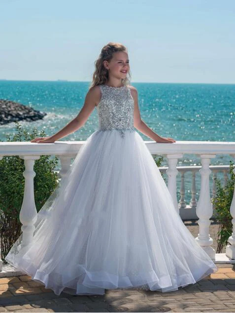 

Hot Sale Princess A Line White Crystal Girls Pageant Dresses For Teens Jewel Neck Luxurious Tulle Beach Flower Girl Dresses
