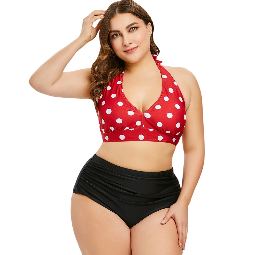 

Plus Size Dot Print Halter Neck 2019 New Swimsuit Sexy Backless Swimwear Women Best To Wear Wire Free High Waisted Bikini Set