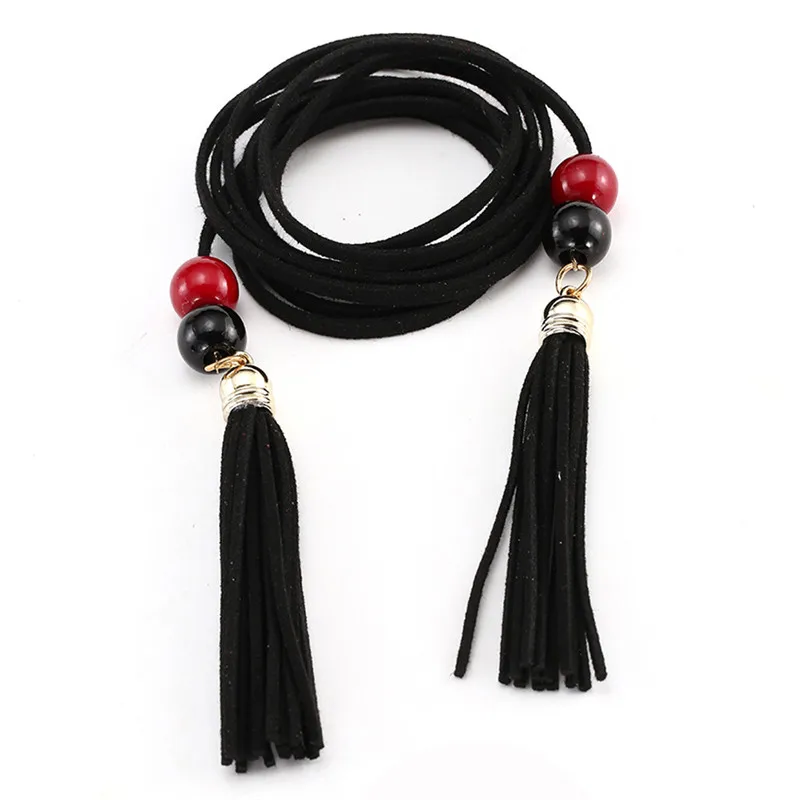 Women Hand-Knit Long Braid Tassel Party Belts Fringe Thin Leisure Leather belt for women Fashion Accessory 40JA0412