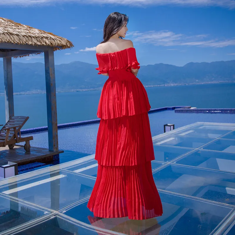 Женские дизайнерские элегантные тонкие облегающие сексуальные Формальные вечерние пляжные подиумное длинное красного и белого цвета с открытыми плечами из ткани в складку с вырезом лодочкой, платье