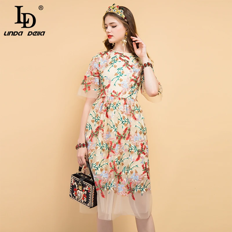 

LD LINDA DELLA 2019 Fashion Runway Summer Dress Women's Floral Embroidery Mesh Overlay Elegant Party Vintage Midi Ladies Dresses
