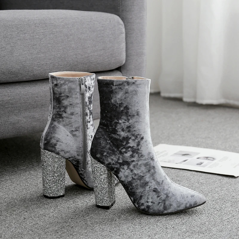 Cristallo Spessore Donne Flock Stivali Tacco Black Rhinestone White Velluto Donna Jijnjoe Tacchi Autunno Blocco Caviglia stretch Fabric flock Della Del Delle Scarpe Alti Di wX6H8qU