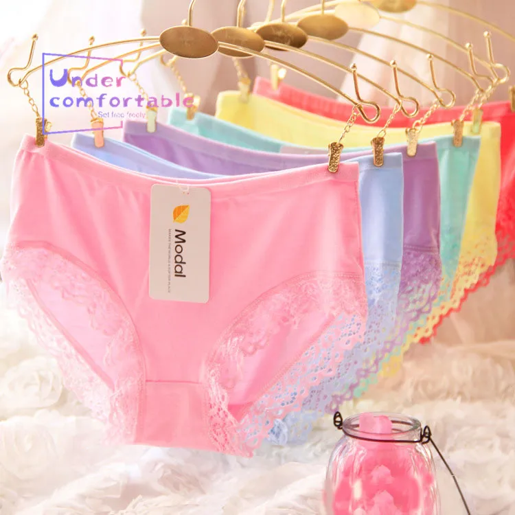 

New large size Lace edge Lady Underwear Freshness Pure Bamboo Fiber Soft Panties Mid-Rise Girl's Briefs 017