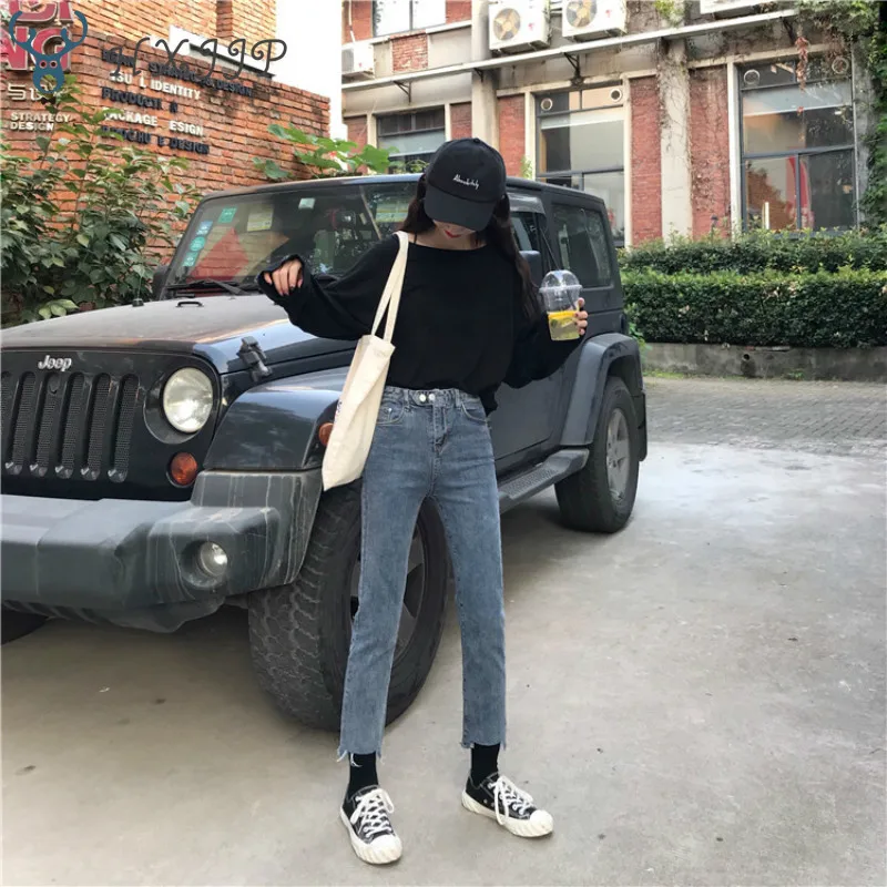 

HXJJP Two Cross-buckle Designs Irregular Cut of The Foot of The Trousers Straight Ankle-Length Pants High Waisted Women's Jeans